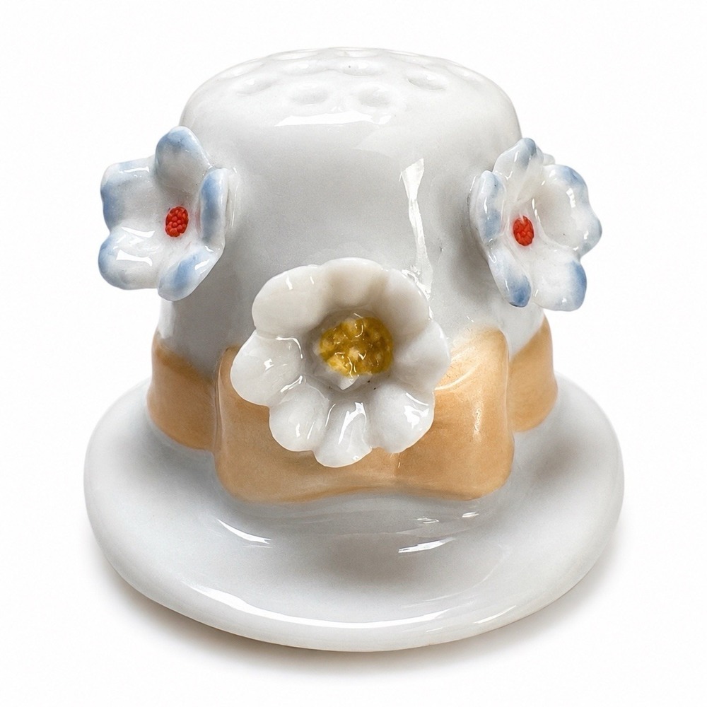 Vintage Porcelain Hat Thimble Floral White Blue Flowers Collectible Sewing